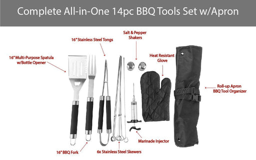 Pitmaster King Complete BBQ Grill 14Pc Stainless Steel Tools Set with Storage Apron for Indoor & Outdoor Cooking Sporting Goods > Outdoor Recreation > Camping & Hiking > Camping Tools PitMaster King   
